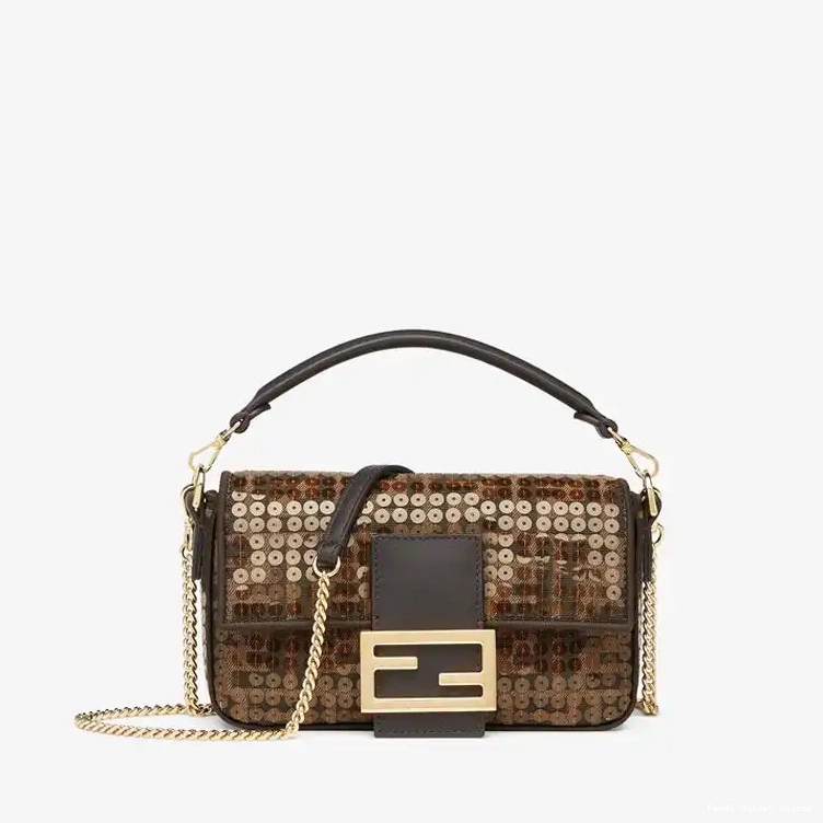 Affordable Mini Brown Motif Fabric with Sequins Baguette Bag FF Fendi In 0616
